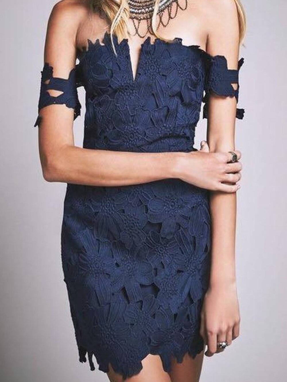Saylor x Free People Dahlia Navy Floral Crochet Off the Shoulder Mini Dress S